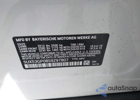 2025 BMW X3 30 xDrive z USA, uszkodzony, nr VIN 5UX53GP08S9Z97807